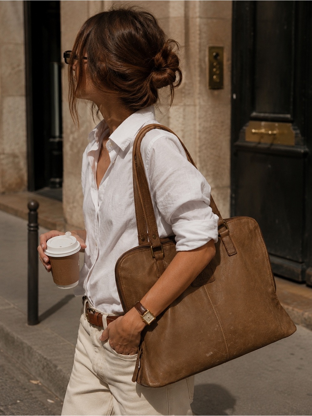 Rowallan Taupe Leather Shoulder Tote Bag